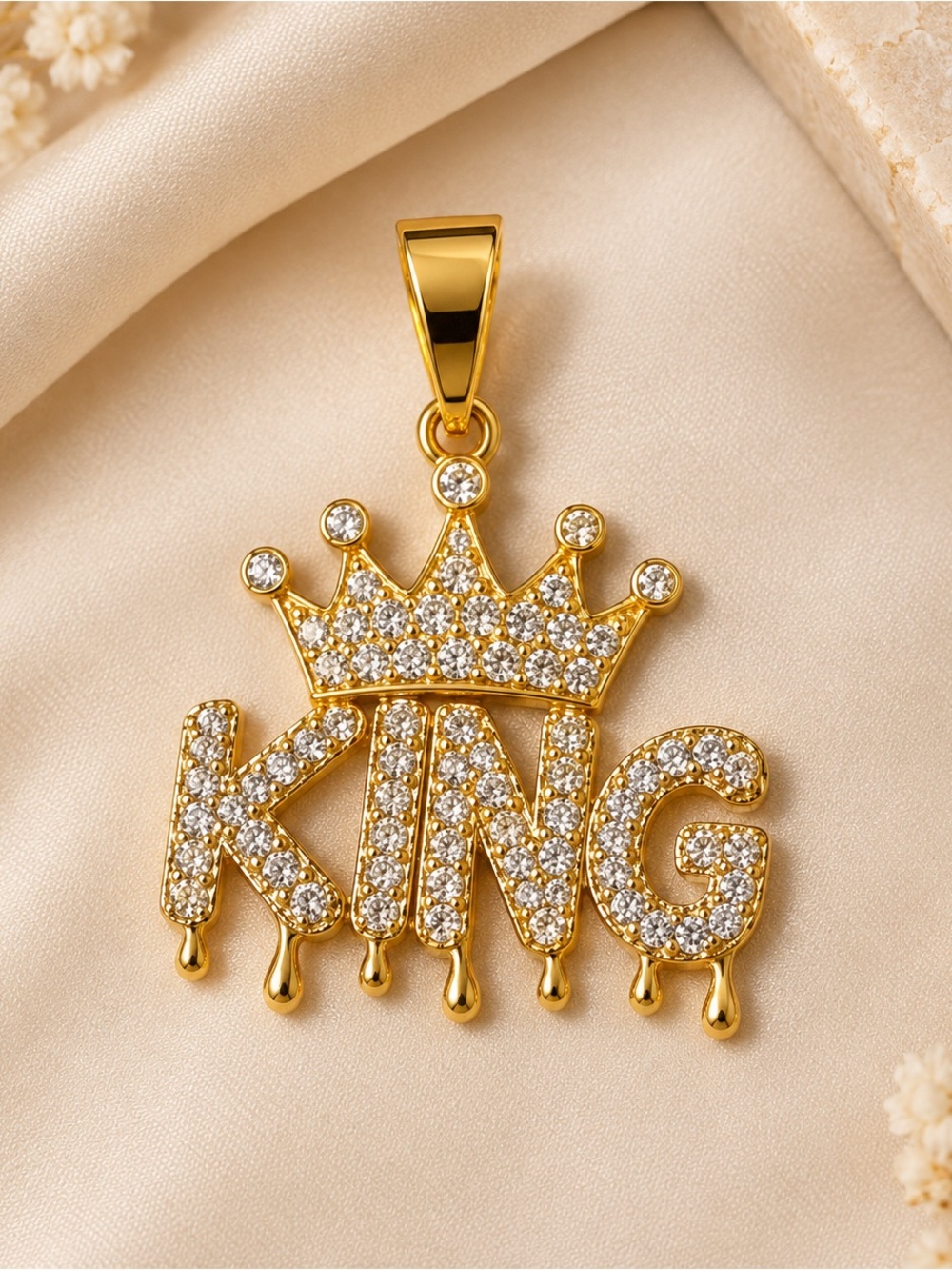 Gold Crystal-Embellished 'KING' Crown Pendant Necklace